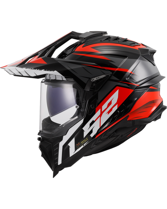 Capacete enduro LS2 MX701 Explorer Spire Preto Brilho Titânio Vermelho – vista lateral