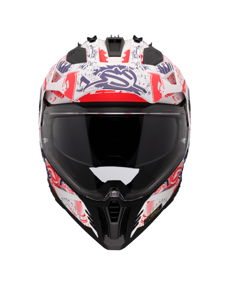 Load image into Gallery viewer, Capacete motocross LS2 MX702 Pioneer II Fantasy Branco Mate Vermelho Azul – lateral esquerda
