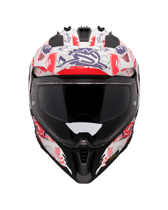 Capacete motocross LS2 MX702 Pioneer II Fantasy Branco Mate Vermelho Azul – lateral esquerda