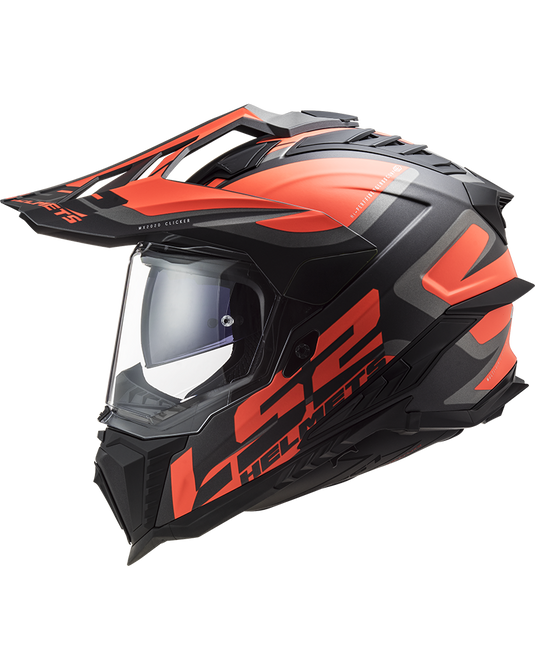 Capacete enduro LS2 MX701 Explorer Alter Preto Mate Laranja Fluo – vista lateral esquerda