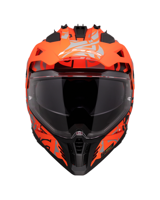 Capacete motocross LS2 MX702 Pioneer II Rangi Laranja Mate – vista frontal – ECE 22.06