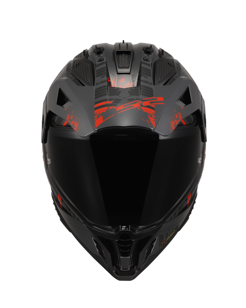 Load image into Gallery viewer, Capacete motocross LS2 MX702 Pioneer II Crazy Preto Brilho Cinza Vermelho – vista lateral
