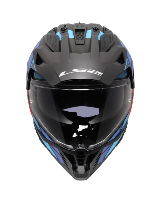 Capacete motocross LS2 MX702 Pioneer II Block Preto Vermelho Azul – vista lateral esquerda
