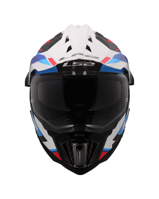 Capacete enduro LS2 MX701 Explorer C Frontier II Branco Azul – vista lateral esquerda