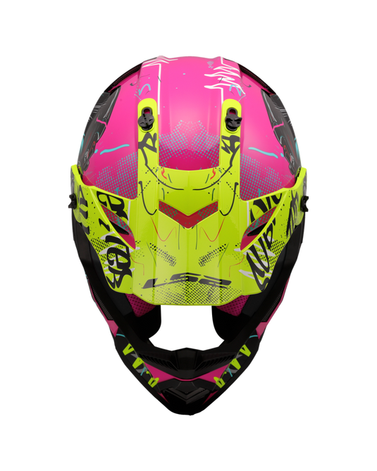 Capacete motocross infantil LS2 MX437 Fast Evo II Mini Gorilla Púrpura Amarelo – lateral esquerda