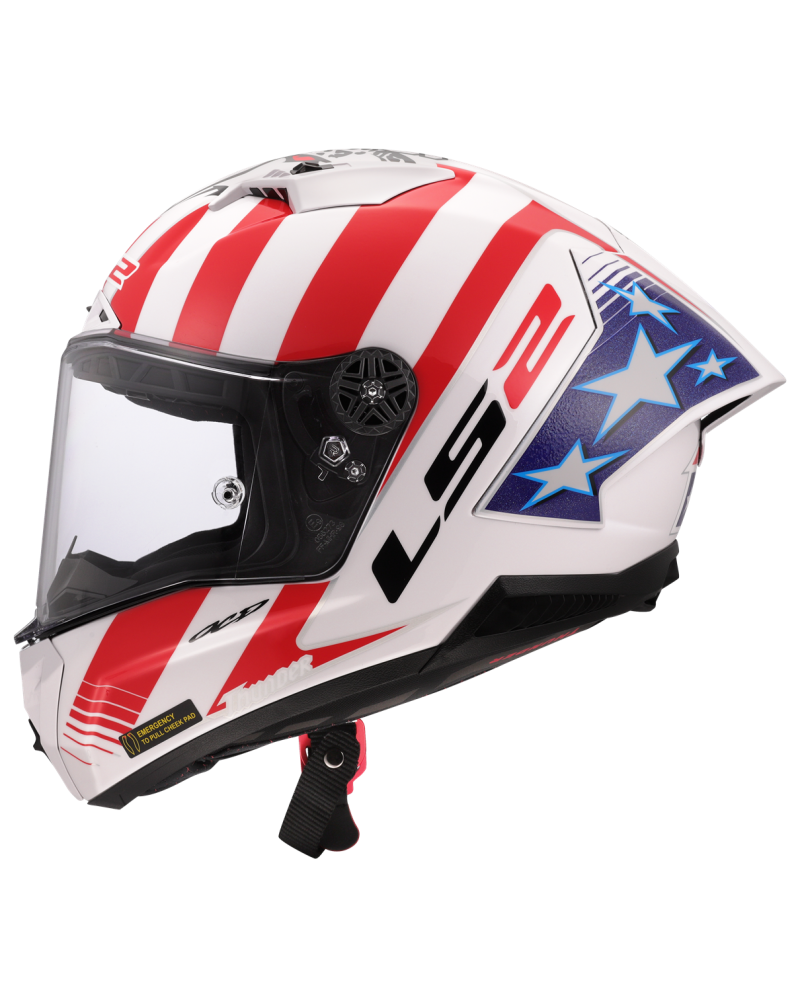 Load image into Gallery viewer, Capacete integral LS2 FF805 Thunder C GP Baz Replica Branco Vermelho Azul – lateral esquerda
