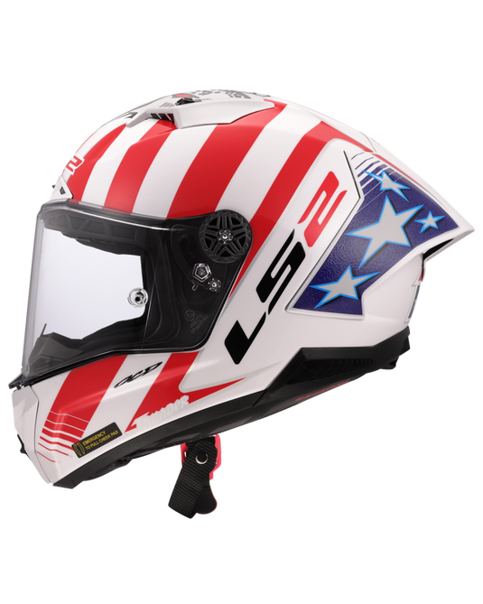 Capacete integral LS2 FF805 Thunder C GP Baz Replica Branco Vermelho Azul – lateral esquerda