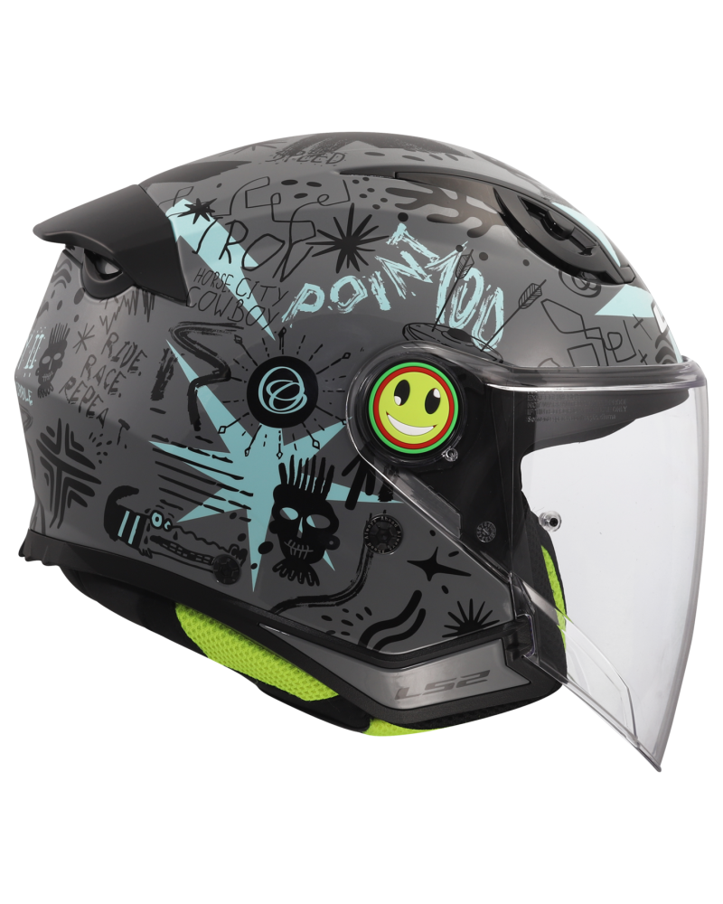 Load image into Gallery viewer, Capacete jet infantil LS2 OF622 Funny II Scribble Cinza Azul – vista lateral direita
