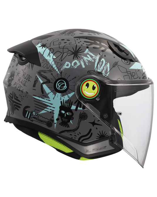 Capacete jet infantil LS2 OF622 Funny II Scribble Cinza Azul – vista lateral direita