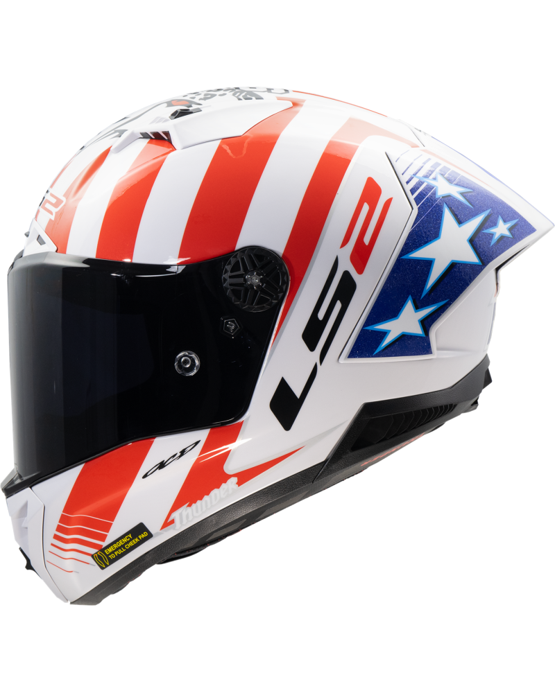 Load image into Gallery viewer, Capacete integral LS2 FF805 Thunder C GP Baz Replica Branco Vermelho Azul – lateral direita
