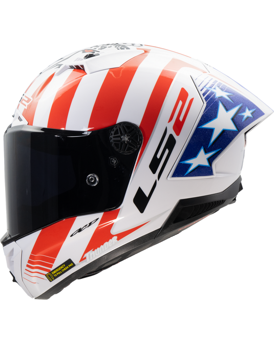 Capacete integral LS2 FF805 Thunder C GP Baz Replica Branco Vermelho Azul – lateral direita