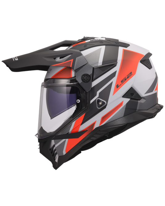 Capacete motocross LS2 MX702 Pioneer II Block Cinza Vermelho – vista frontal – ECE 22.06