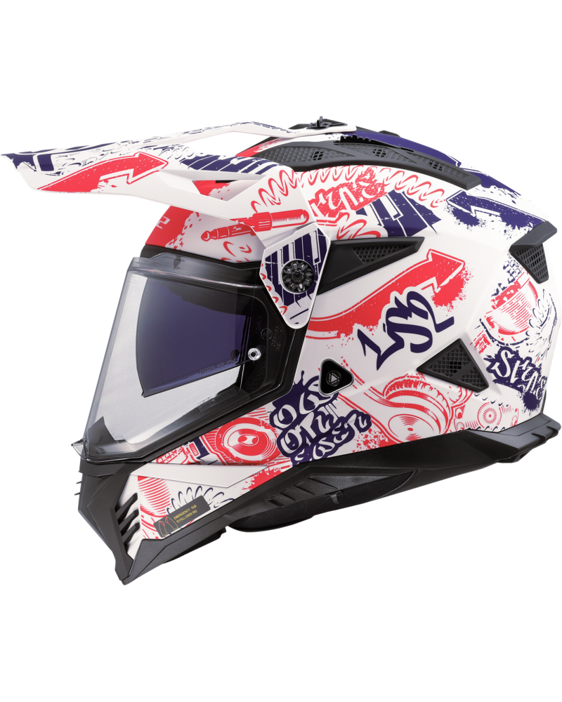 Load image into Gallery viewer, Capacete motocross LS2 MX702 Pioneer II Fantasy Branco Mate Vermelho Azul – lateral direita
