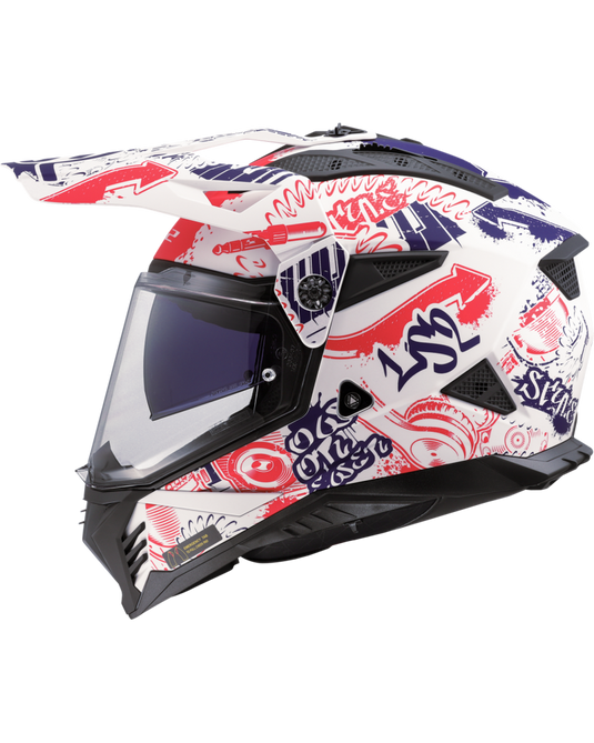 Capacete motocross LS2 MX702 Pioneer II Fantasy Branco Mate Vermelho Azul – lateral direita