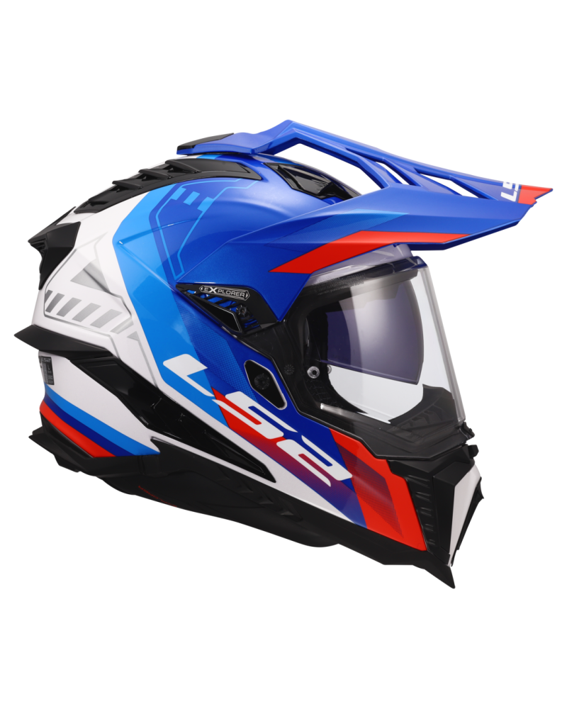 Load image into Gallery viewer, Capacete enduro LS2 MX701 Explorer Hexa Branco Azul Vermelho – vista traseira
