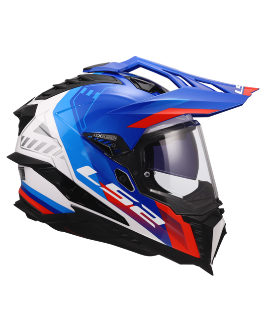 Capacete enduro LS2 MX701 Explorer Hexa Branco Azul Vermelho – vista traseira