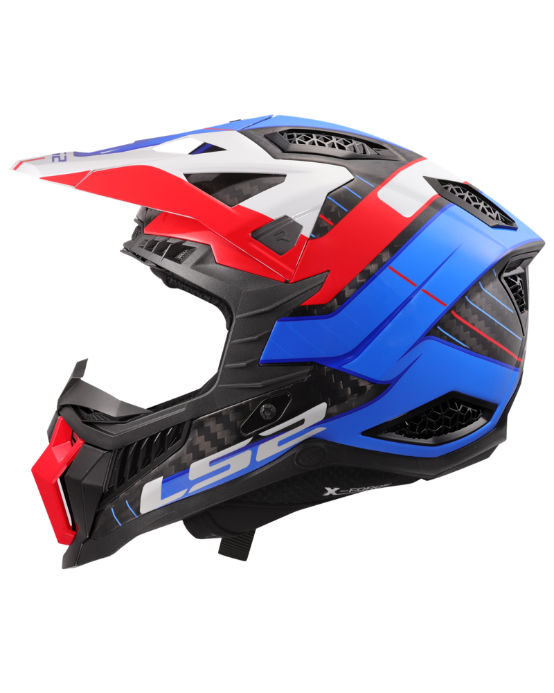 Load image into Gallery viewer, Capacete motocross LS2 MX703 X-Force C Galuo Branco Vermelho Azul – vista lateral direita
