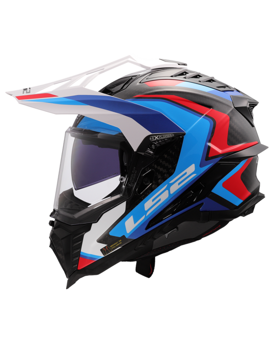 Capacete enduro LS2 MX701 Explorer C Frontier II Branco Azul – vista lateral direita