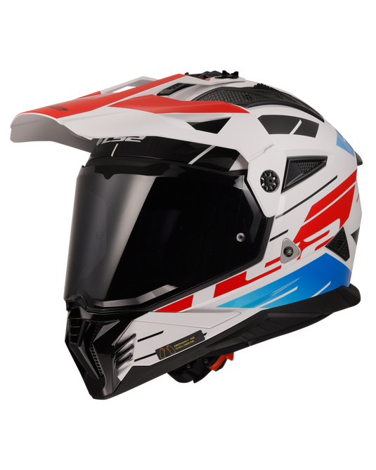 Capacete motocross LS2 MX702 Pioneer II Namib Branco Azul Vermelho – vista lateral direita