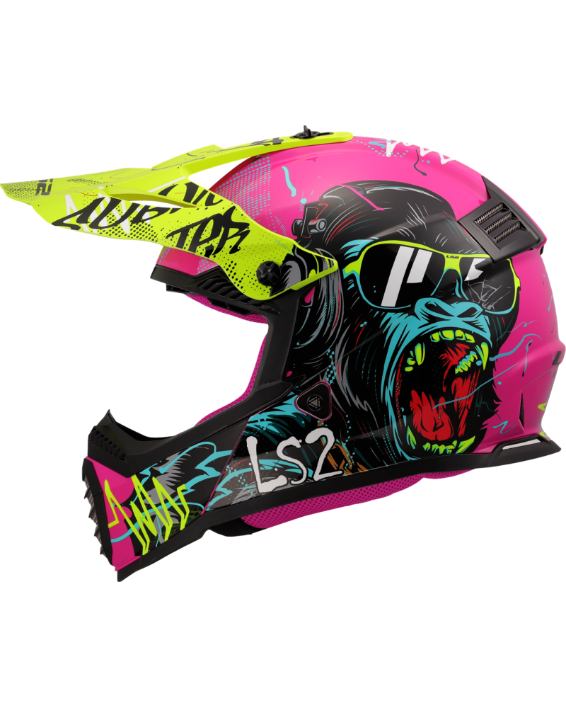 Load image into Gallery viewer, Capacete motocross infantil LS2 MX437 Fast Evo II Mini Gorilla Púrpura Amarelo – lateral direita
