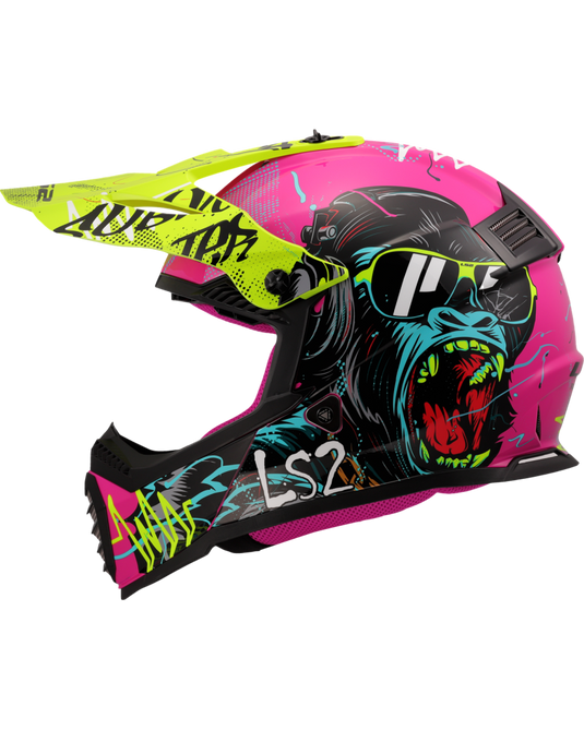 Capacete motocross infantil LS2 MX437 Fast Evo II Mini Gorilla Púrpura Amarelo – lateral direita