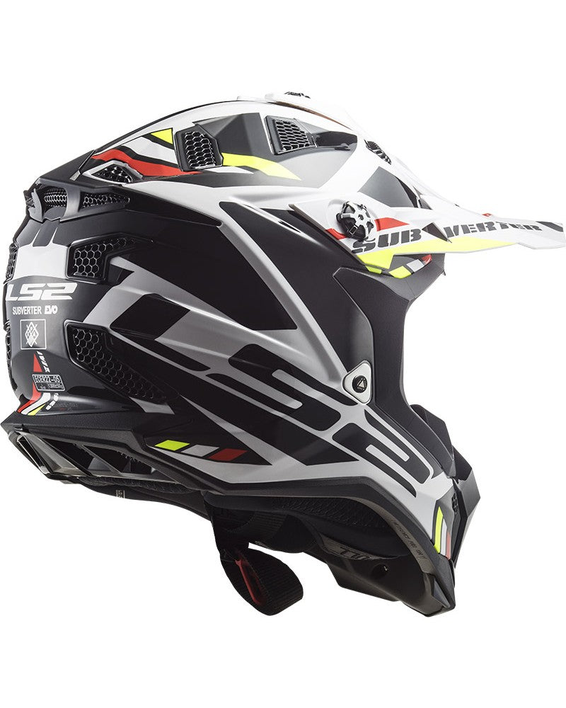 Load image into Gallery viewer, Capacete motocross LS2 MX700 Subverter Evo II Stomp Branco Preto – vista traseira
