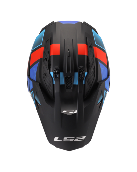 Capacete motocross LS2 MX702 Pioneer II Block Preto Vermelho Azul – vista lateral direita