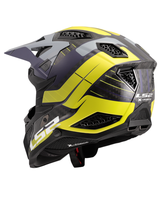 Capacete motocross LS2 MX703 X-Force C Galuo Cinzento Amarelo Hi-Vision – vista traseira