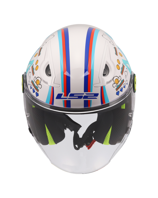 Capacete jet infantil LS2 OF622 Funny II Next Level Branco Brilho – vista traseira