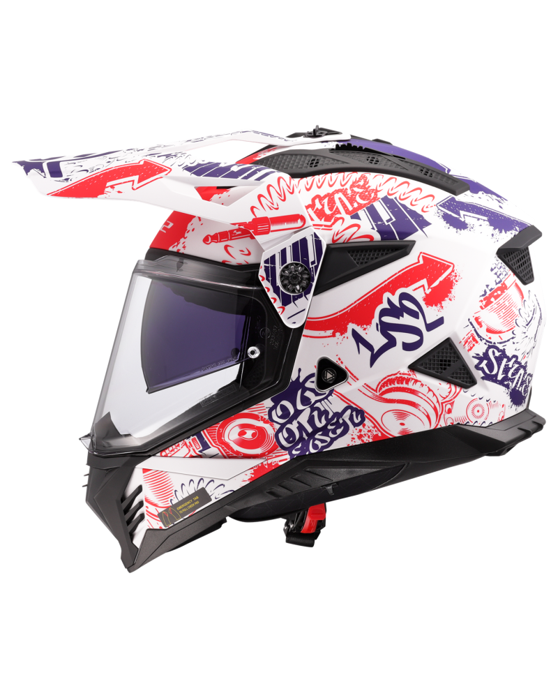 Load image into Gallery viewer, Capacete motocross LS2 MX702 Pioneer II Fantasy Branco Mate Vermelho Azul – vista traseira
