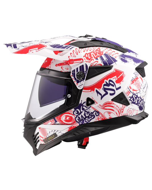 Capacete motocross LS2 MX702 Pioneer II Fantasy Branco Mate Vermelho Azul – vista traseira