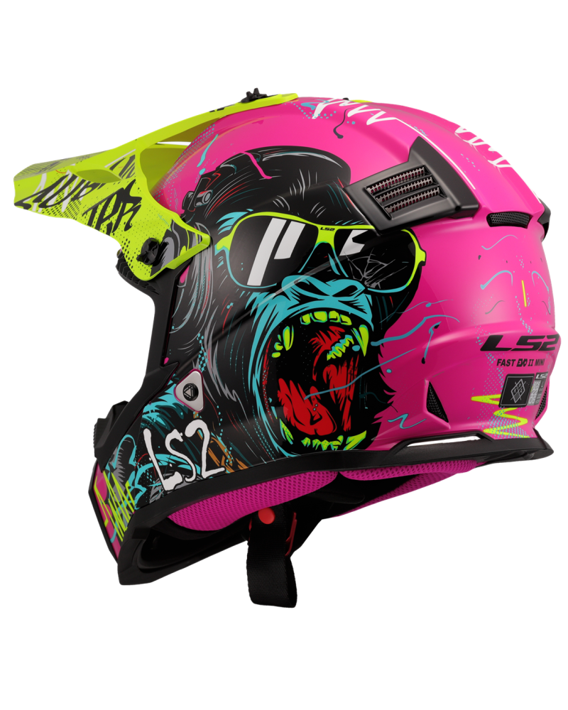Load image into Gallery viewer, Capacete motocross infantil LS2 MX437 Fast Evo II Mini Gorilla Púrpura Amarelo – vista traseira
