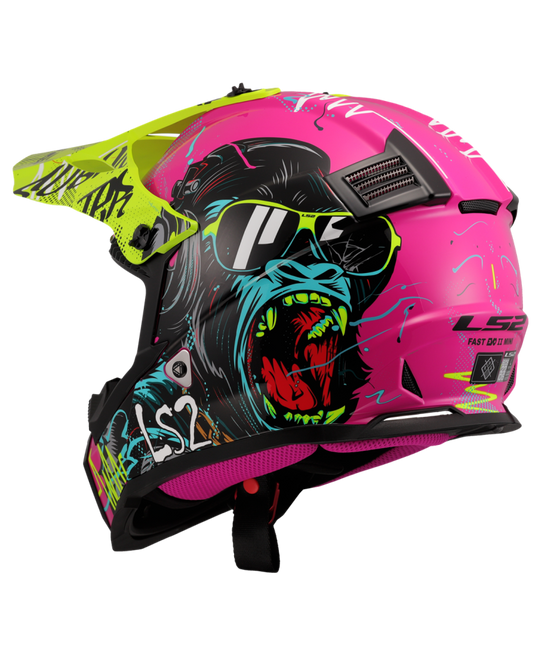 Capacete motocross infantil LS2 MX437 Fast Evo II Mini Gorilla Púrpura Amarelo – vista traseira