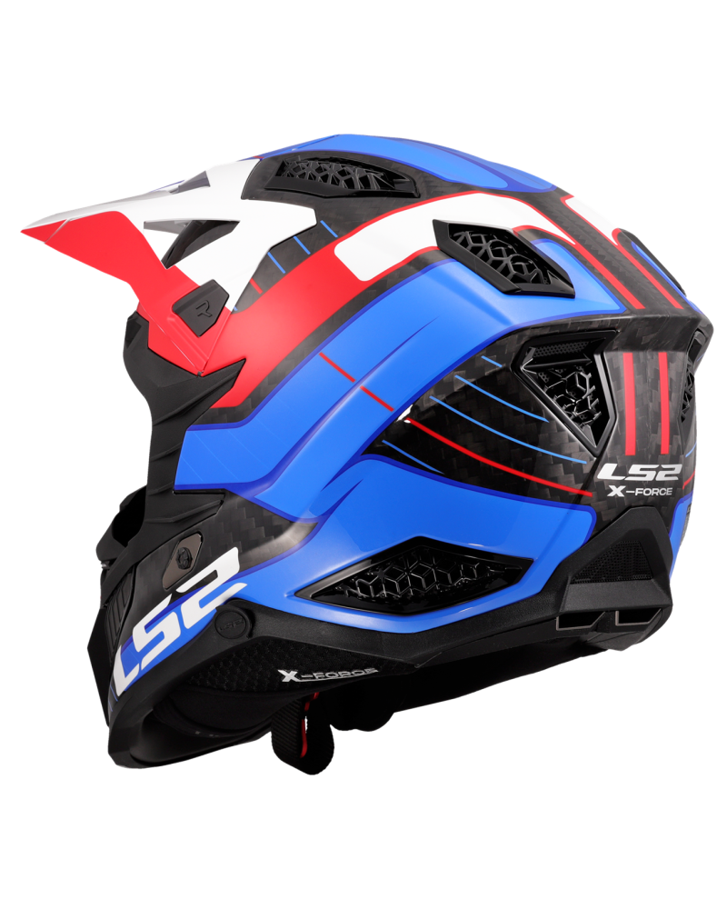 Load image into Gallery viewer, Capacete motocross LS2 MX703 X-Force C Galuo Branco Vermelho Azul – vista traseira
