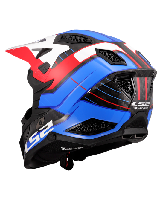Capacete motocross LS2 MX703 X-Force C Galuo Branco Vermelho Azul – vista traseira