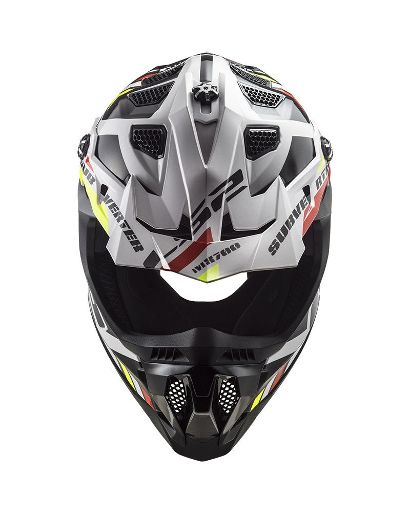 Load image into Gallery viewer, Capacete motocross LS2 MX700 Subverter Evo II Stomp Branco Preto – detalhe do design
