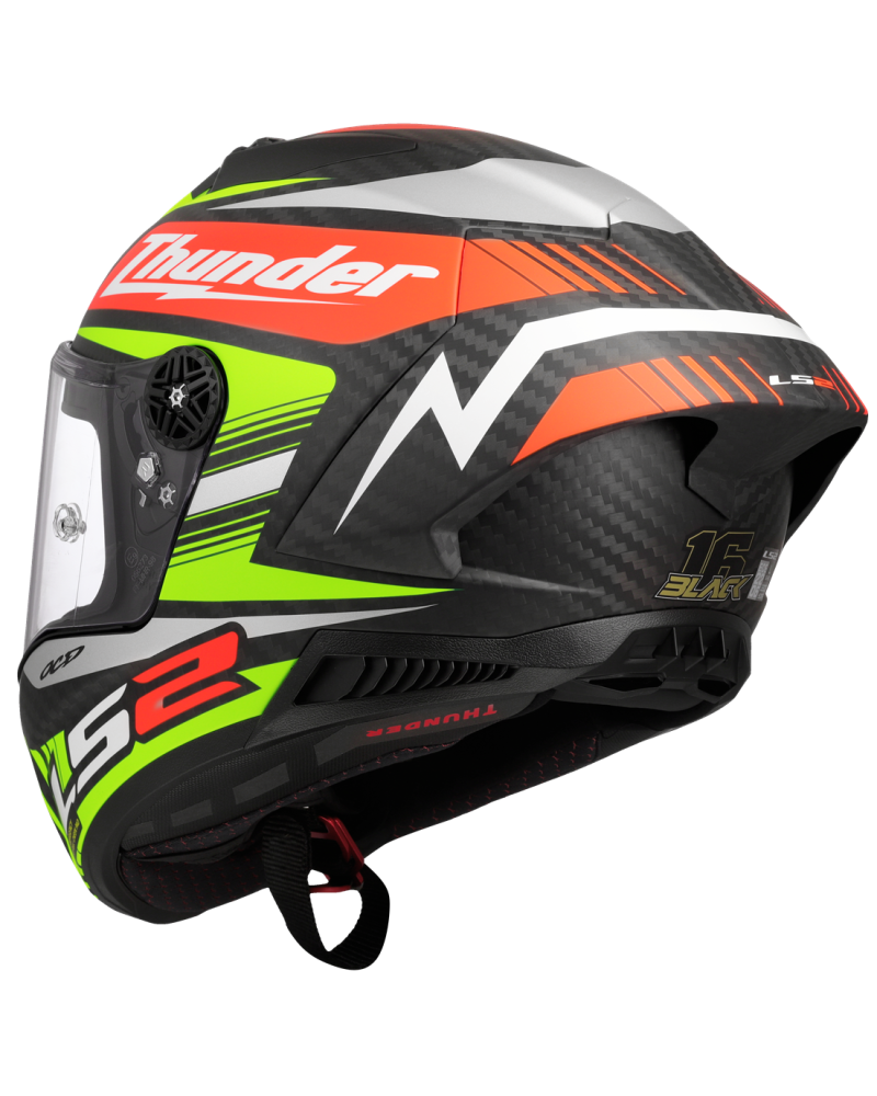Load image into Gallery viewer, Capacete integral LS2 FF805 Thunder C GP Black Replica Preto Amarelo Vermelho – vista traseira
