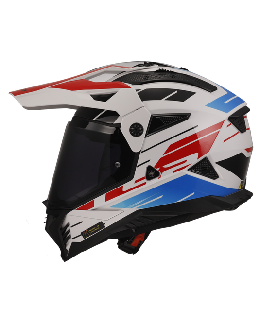 Capacete motocross LS2 MX702 Pioneer II Namib Branco Azul Vermelho – vista traseira
