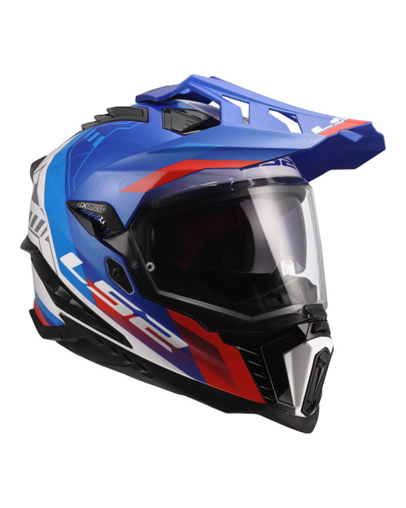 Load image into Gallery viewer, Capacete enduro LS2 MX701 Explorer Hexa Branco Azul Vermelho – detalhe do padrão hexagonal
