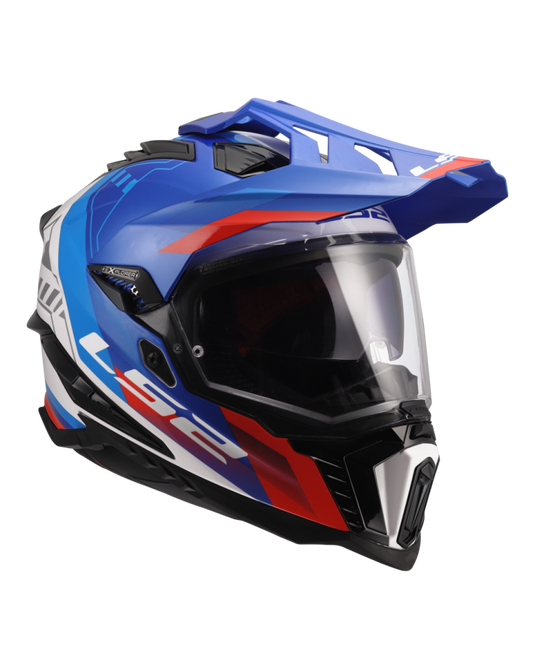 Capacete enduro LS2 MX701 Explorer Hexa Branco Azul Vermelho – detalhe do padrão hexagonal