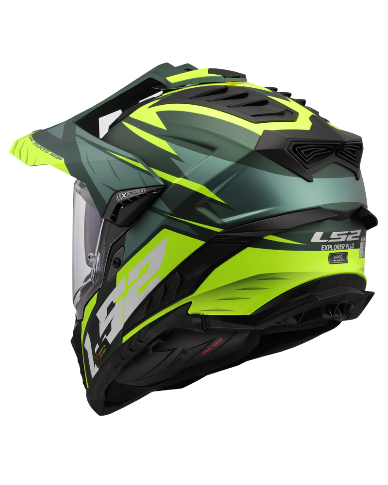 Load image into Gallery viewer, Capacete enduro LS2 MX701 Explorer Spire Verde Mate Amarelo Hi-Vision – vista traseira
