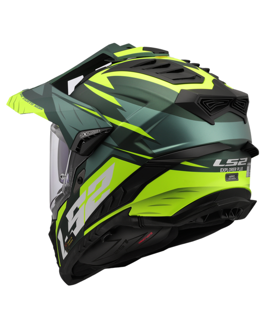Capacete enduro LS2 MX701 Explorer Spire Verde Mate Amarelo Hi-Vision – vista traseira