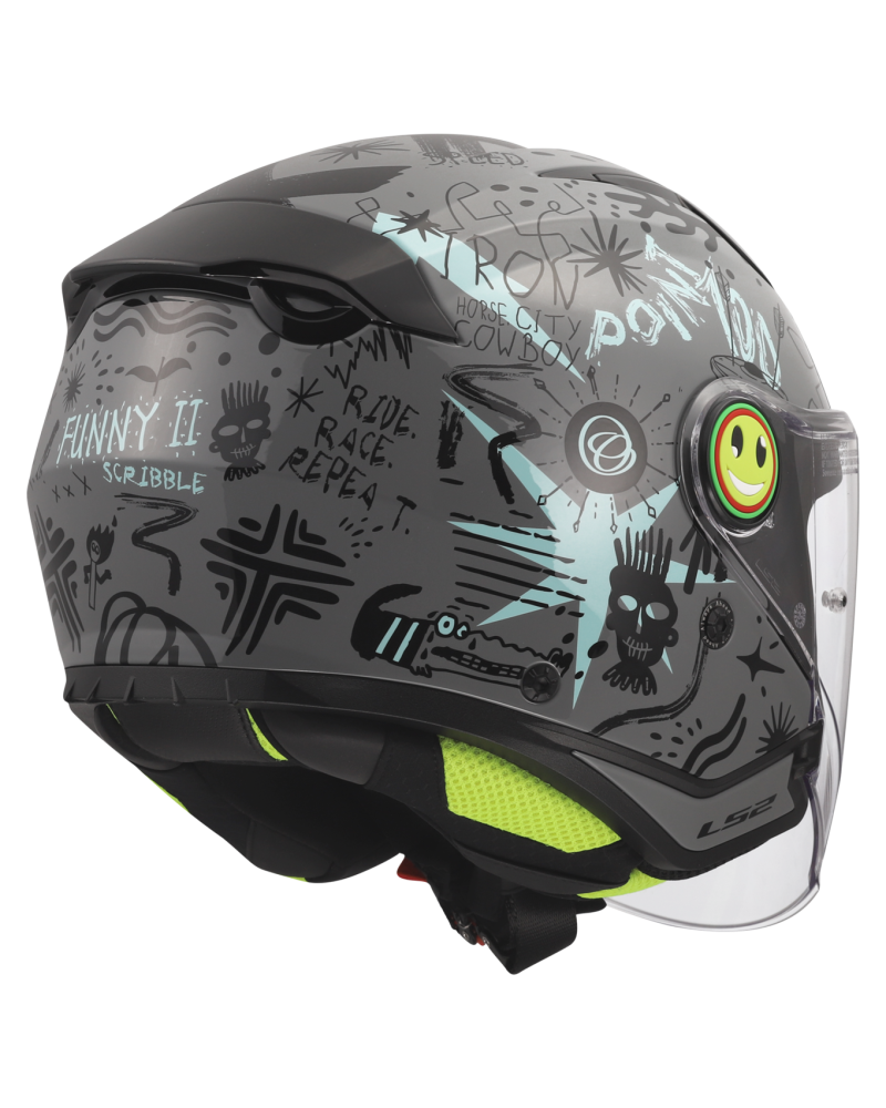 Load image into Gallery viewer, Capacete jet infantil LS2 OF622 Funny II Scribble Cinza Azul – vista traseira
