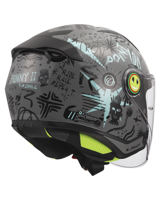 Capacete jet infantil LS2 OF622 Funny II Scribble Cinza Azul – vista traseira