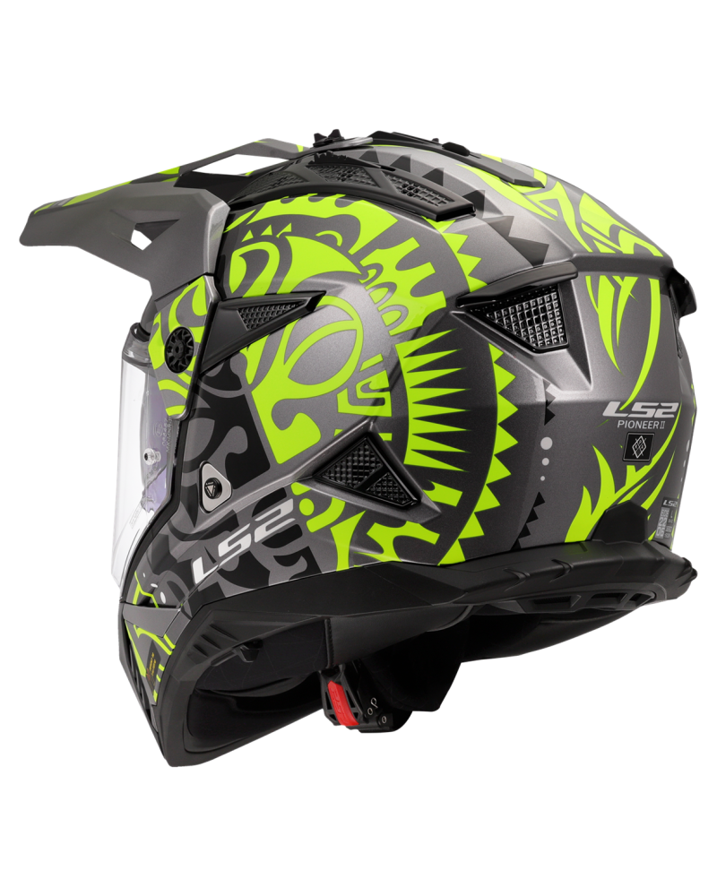 Load image into Gallery viewer, Capacete motocross LS2 MX702 Pioneer II Rangi Amarelo Hi-Vision Cinza – vista traseira
