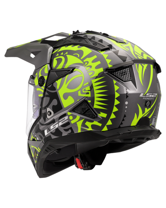 Capacete motocross LS2 MX702 Pioneer II Rangi Amarelo Hi-Vision Cinza – vista traseira