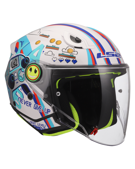 Detalhe do design gráfico – capacete jet infantil LS2 OF622 Funny II Next Level