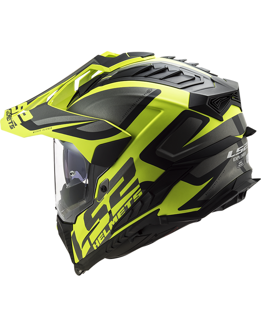 Capacete enduro LS2 MX701 Explorer Alter Preto Mate Amarelo Hi-Vision – detalhe do design