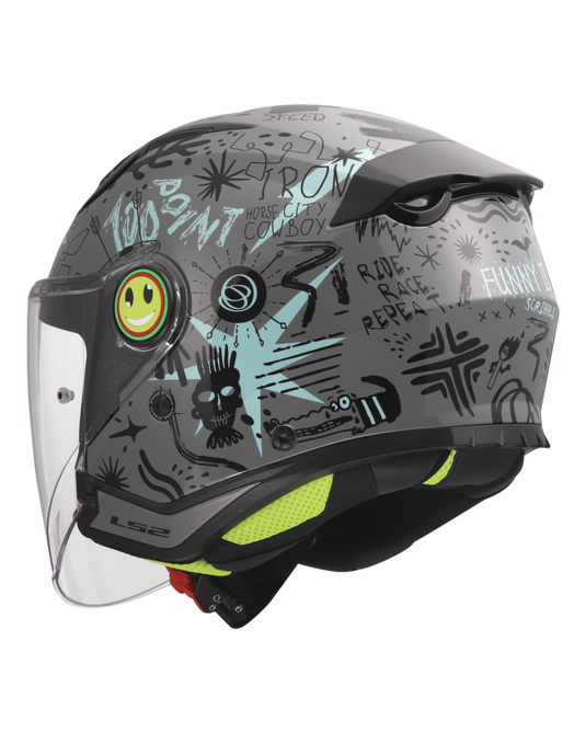 Detalhe do design bicolor Scribble – capacete jet infantil LS2 OF622 Funny II
