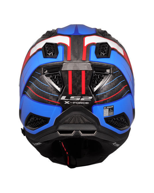 Capacete motocross LS2 MX703 X-Force C Galuo Branco Vermelho Azul – perspetiva em uso